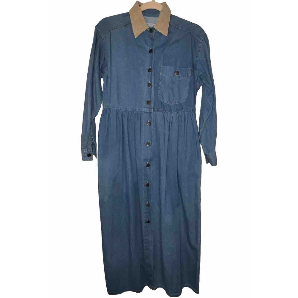 VTG‎ 80's Studio 25 Denim Dress XS Western Prairie Maxi Chore Pockets Oversized